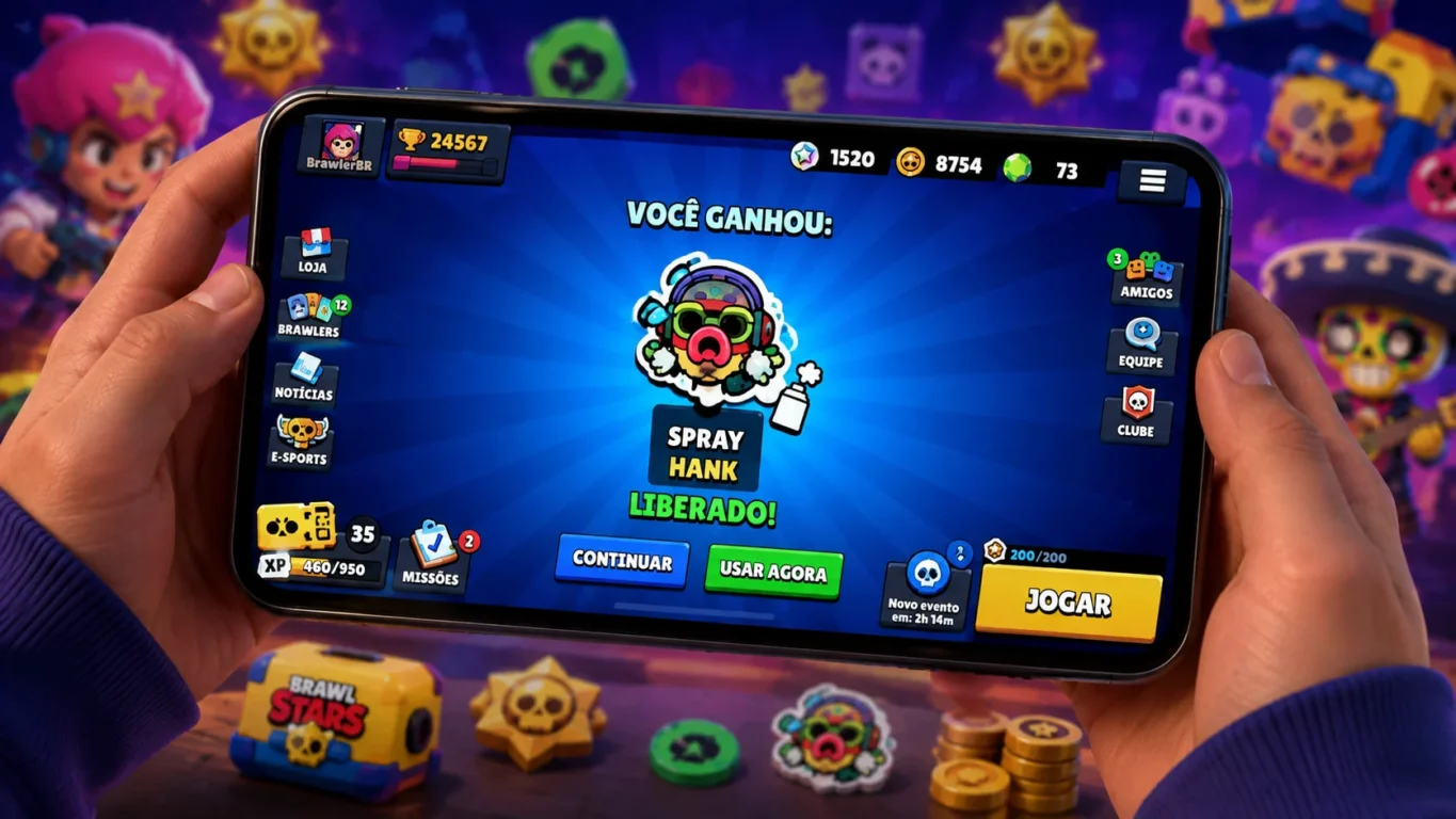 [Imagem: jogador de Brawl Stars resgatando um spray gratuito do Hank após abrir uma recompensa promocional]