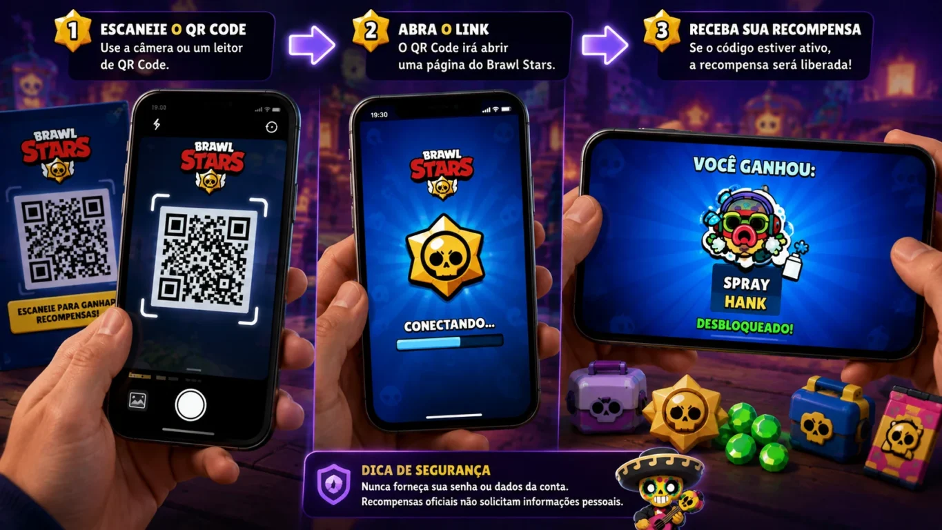[Imagem: tutorial visual mostrando o celular escaneando um QR Code de Brawl Stars e abrindo a recompensa no jogo]