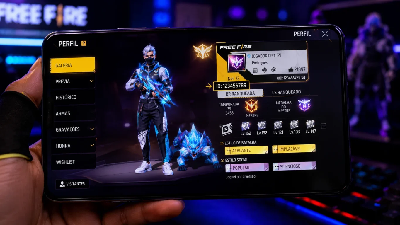 [Imagem: perfil de um jogador profissional de Free Fire em uma interface de jogo, com destaque para estatísticas, patente e número de ID]