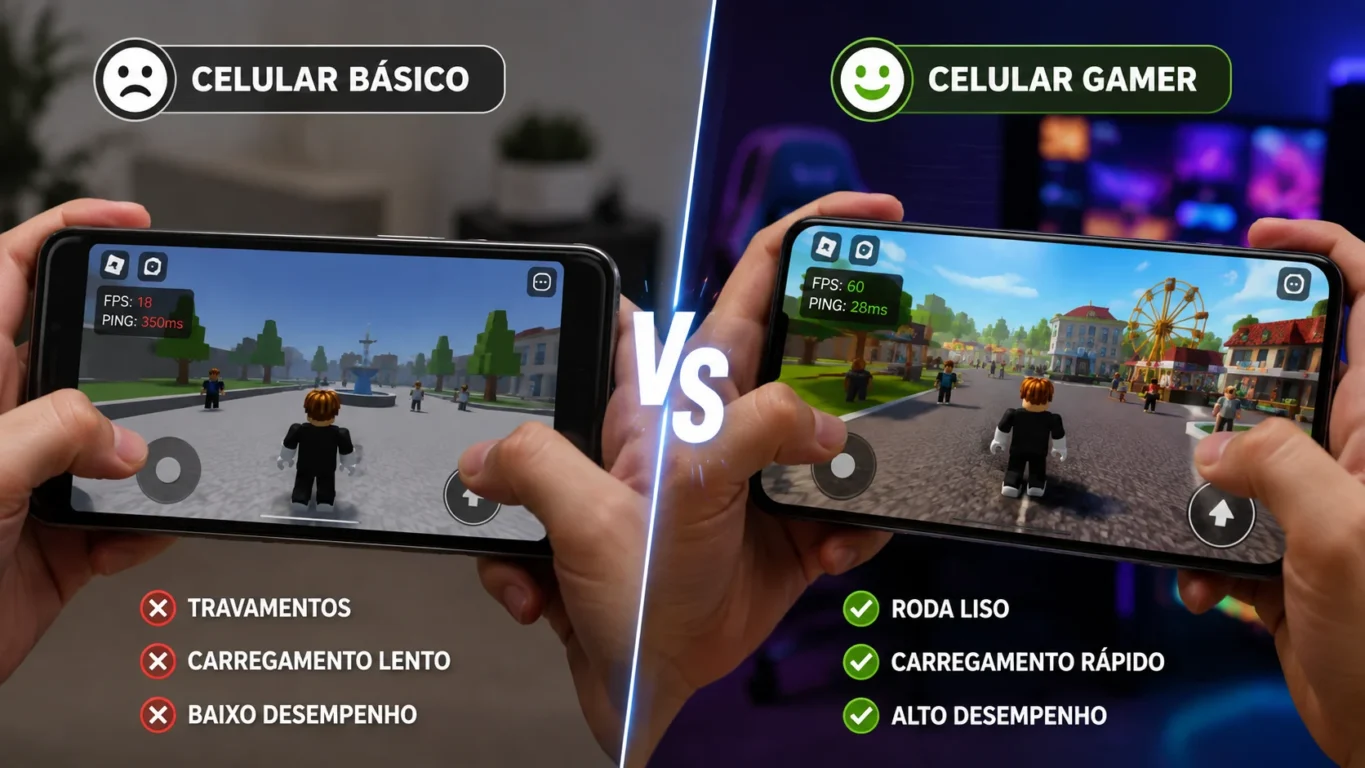 [Imagem: comparação entre um celular básico e um celular gamer executando Roblox]