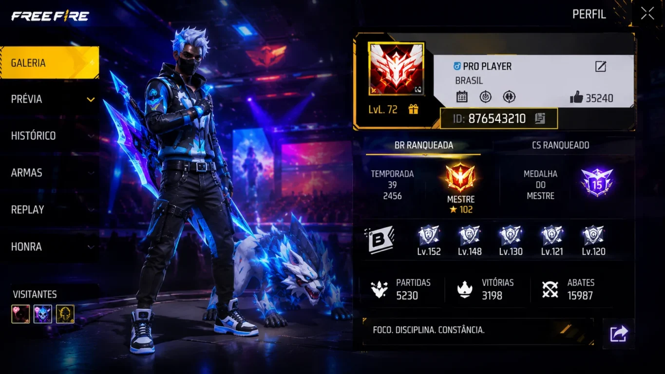 [Imagem: tela de perfil do Free Fire mostrando o ID numérico de um jogador famoso, com elementos visuais inspirados no universo competitivo do jogo]
