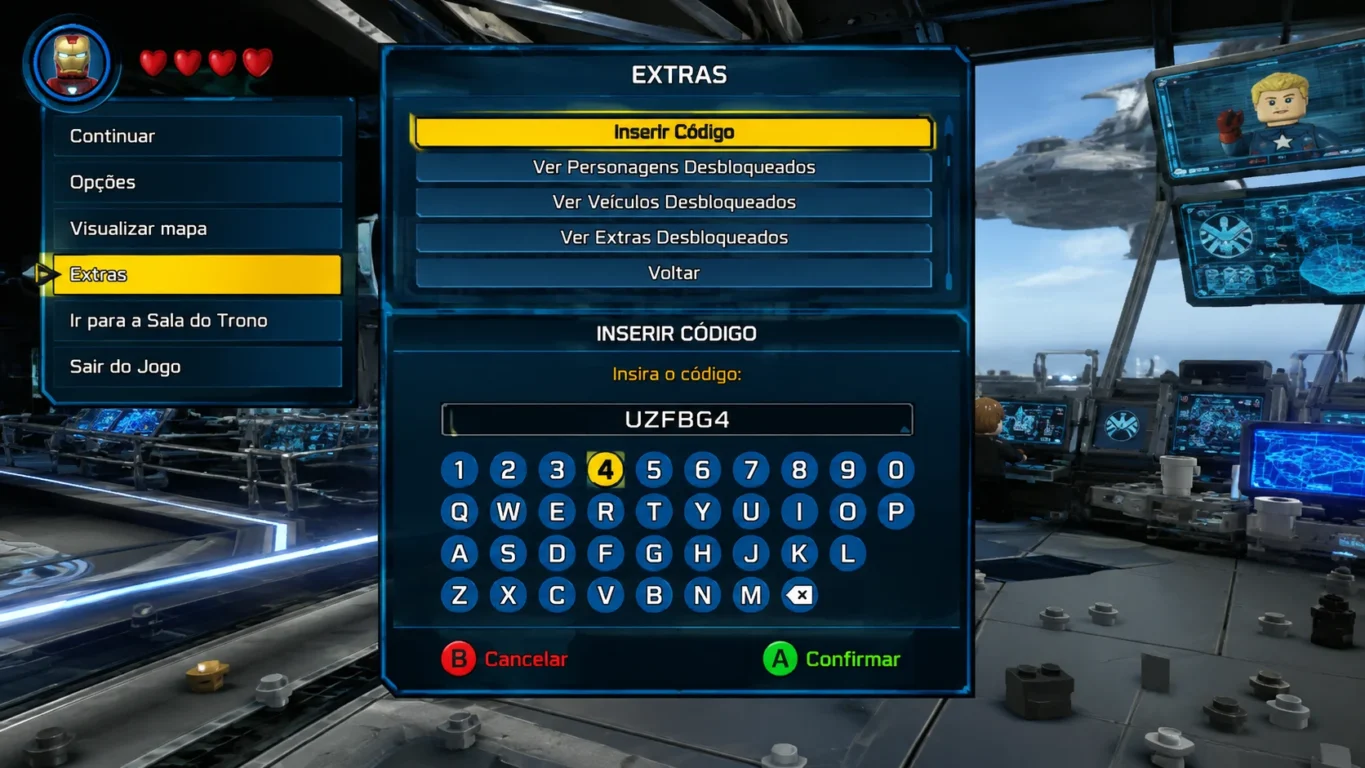 [Imagem: tela do menu Extras de LEGO Marvel Super Heroes mostrando a opção de inserir códigos]