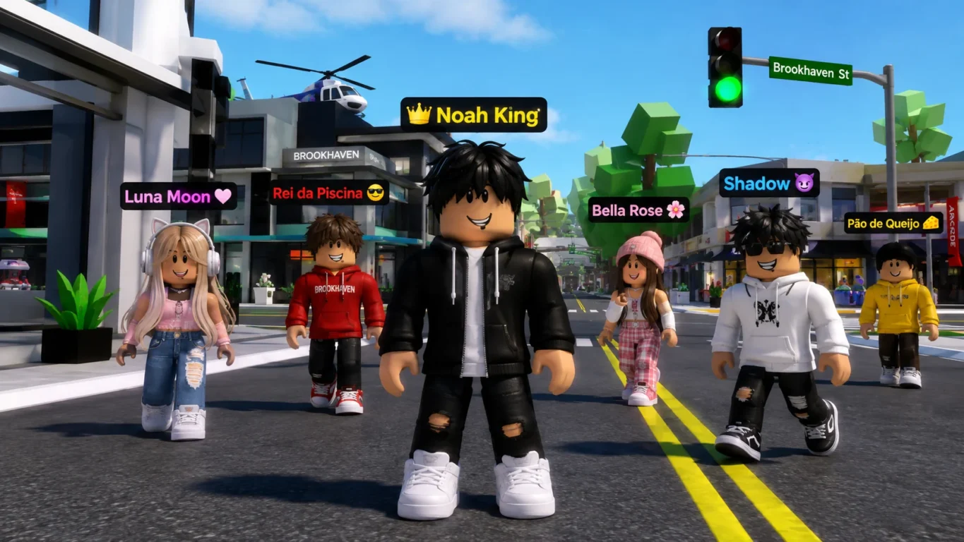 [Imagem: personagem de Brookhaven em uma rua da cidade, com visual moderno e diferentes jogadores usando nomes criativos acima dos avatares]