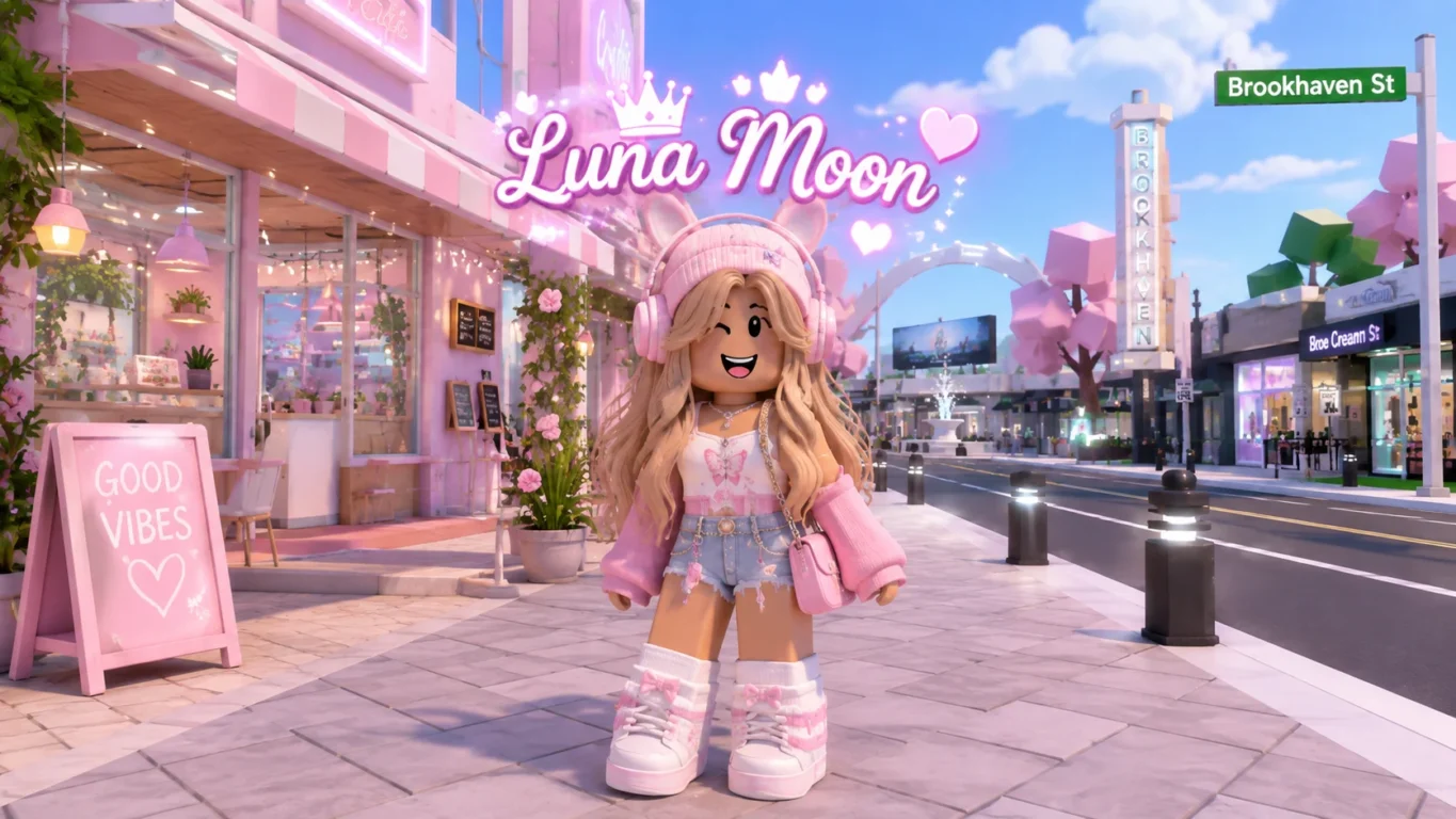 [Imagem: avatar feminino de Brookhaven com estética pastel, roupas modernas e nome estilizado acima do personagem]