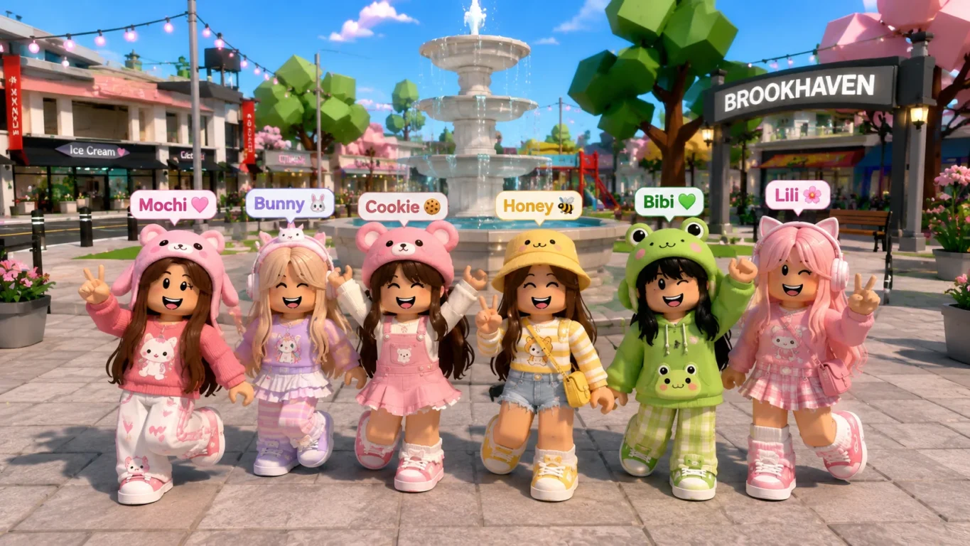 [Imagem: grupo de personagens fofos de Brookhaven usando roupas coloridas em uma praça da cidade]