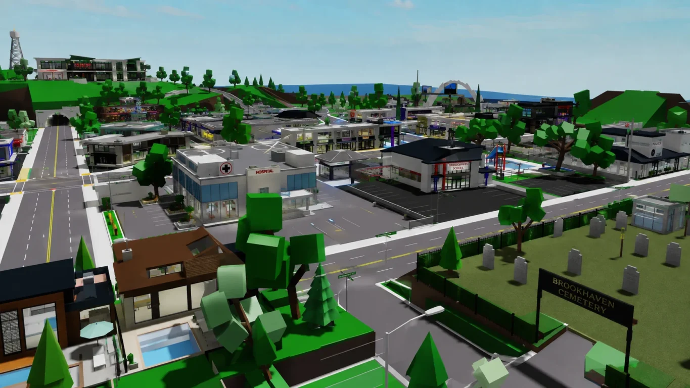 [Imagem: visão panorâmica de Brookhaven RP mostrando a cidade, casas, hospital, escola, cemitério e outros pontos importantes do mapa]