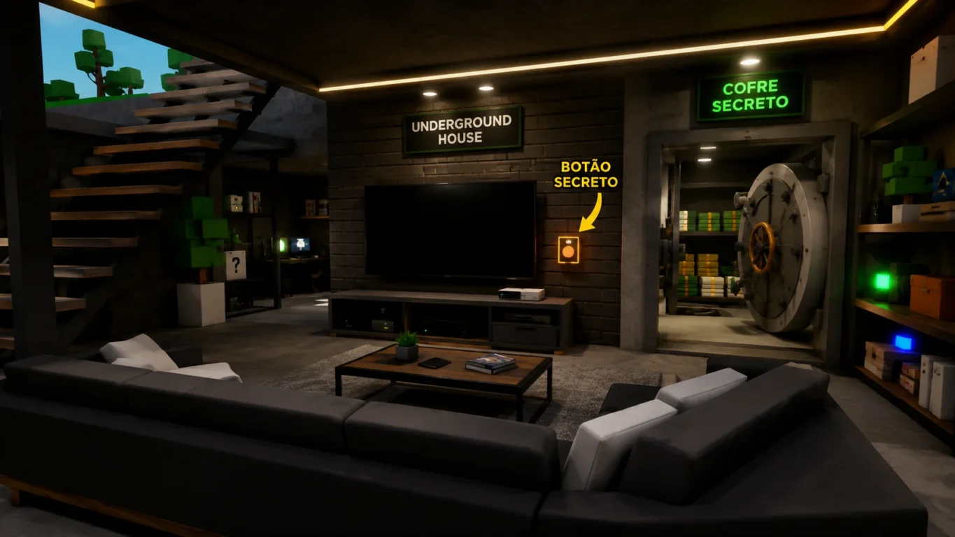 [Imagem: interior subterrâneo da Underground House com a televisão e o botão secreto que abre o cofre]
