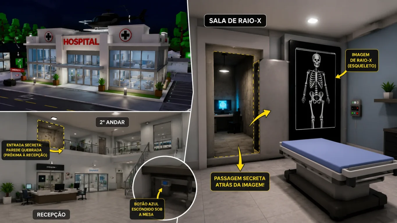 [Imagem: hospital de Brookhaven com destaque visual para a sala de raio-X e uma passagem escondida atrás da imagem do esqueleto]