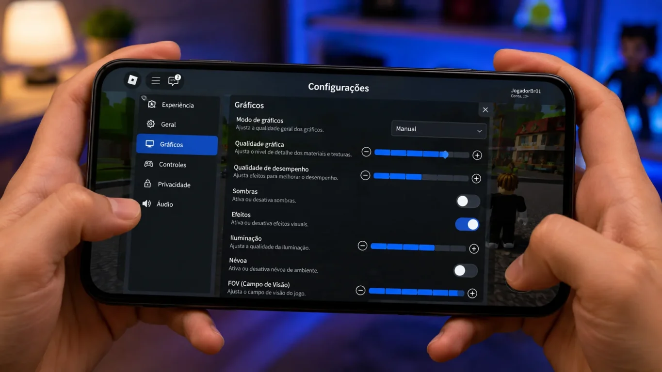 [Imagem: menu de configurações gráficas do Roblox em um smartphone]