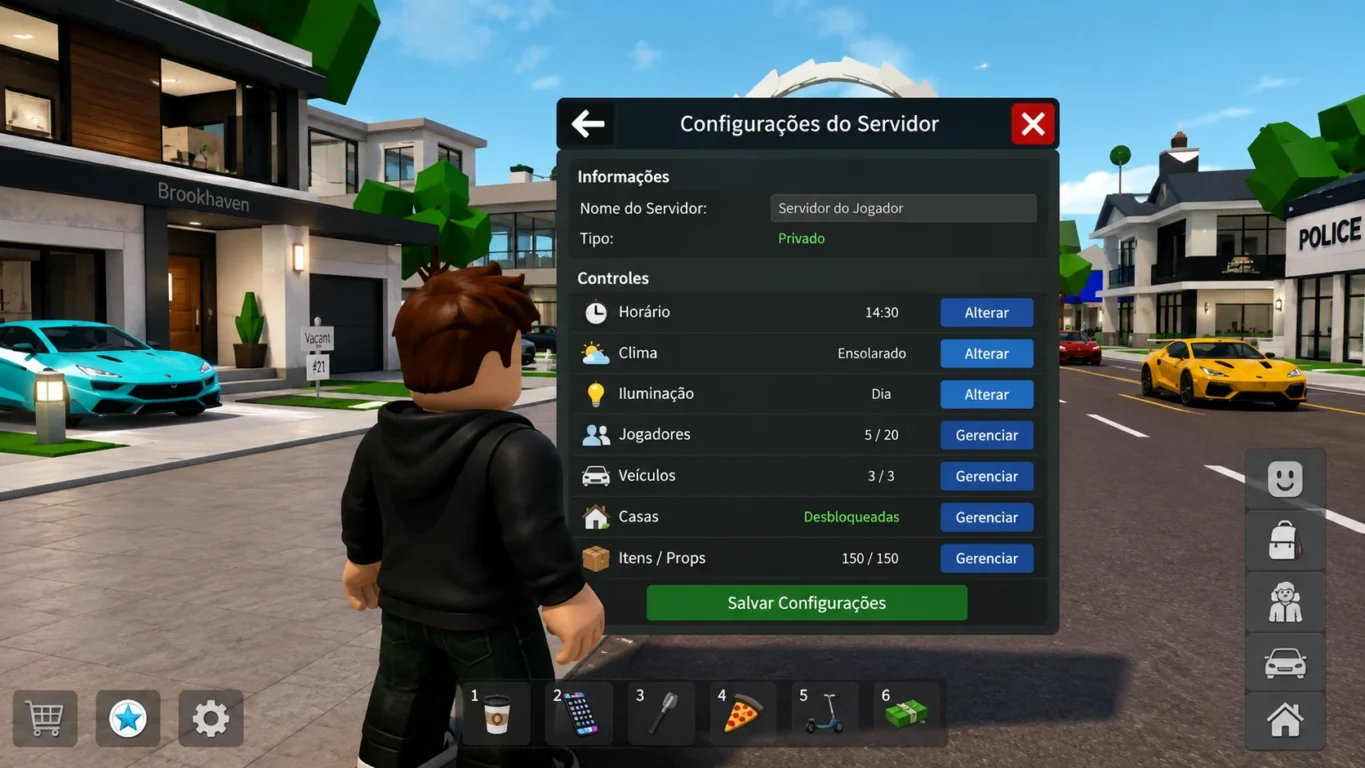 [Imagem: jogador de Roblox dentro de Brookhaven abrindo o painel de configurações de um servidor privado, com casas e veículos da cidade ao fundo]