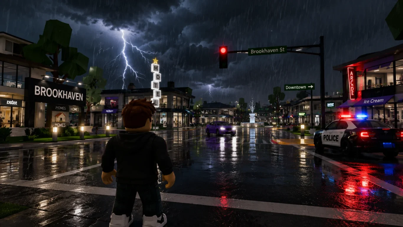 [Imagem: Brookhaven durante uma mudança de clima, mostrando a cidade com iluminação noturna e atmosfera de tempestade]