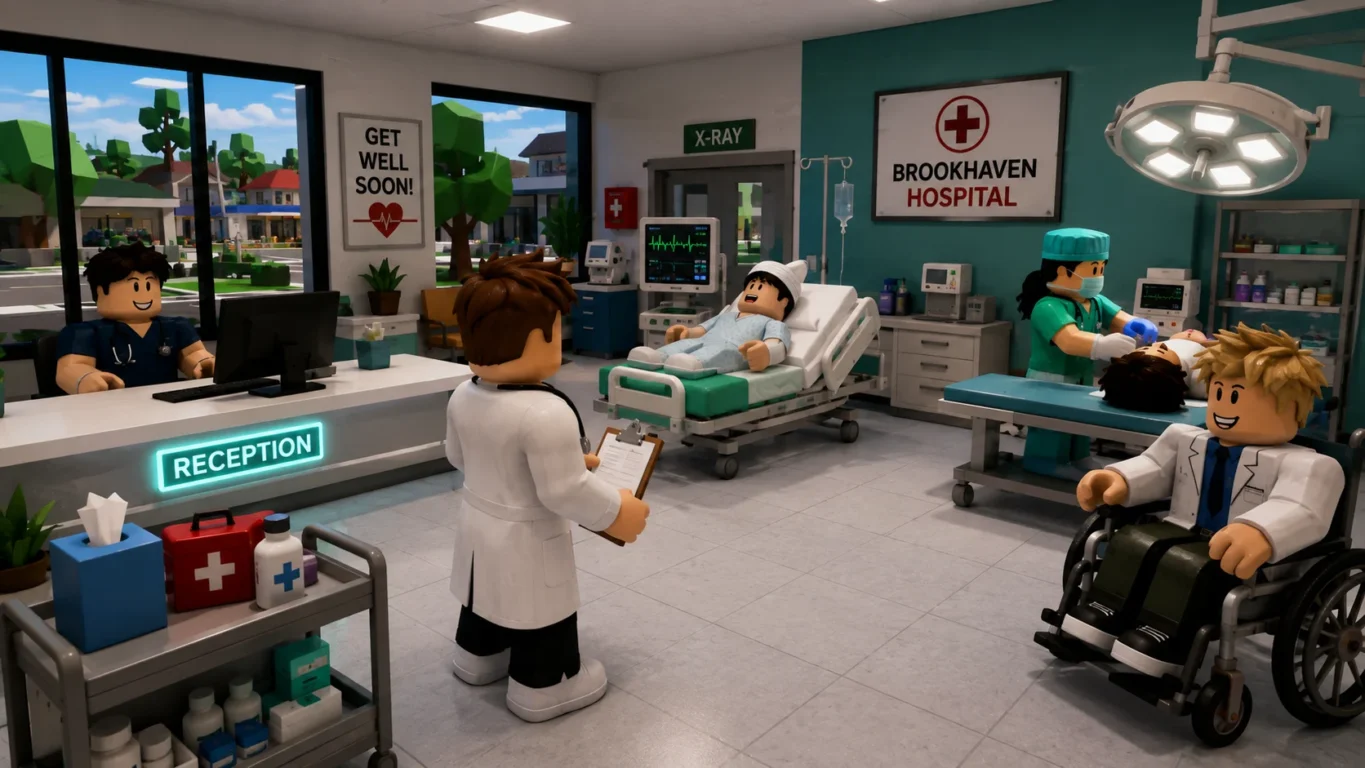 [Imagem: interior de uma casa em Brookhaven transformada em cenário de hospital, com vários props e jogadores interpretando médicos e pacientes]