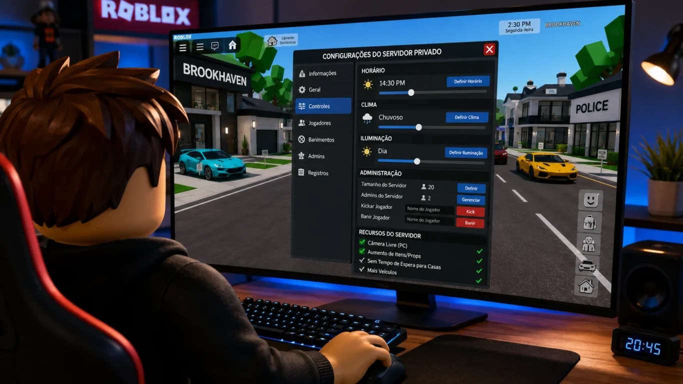 [Imagem: jogador no computador acessando o menu de servidor privado do Brookhaven, com os controles de horário, clima e administração visíveis]