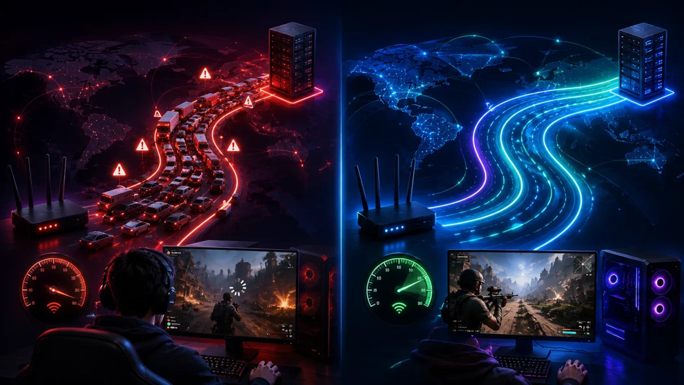 [Imagem: Comparação visual entre internet rápida com rota congestionada e conexão otimizada com rota estável até o servidor do jogo]