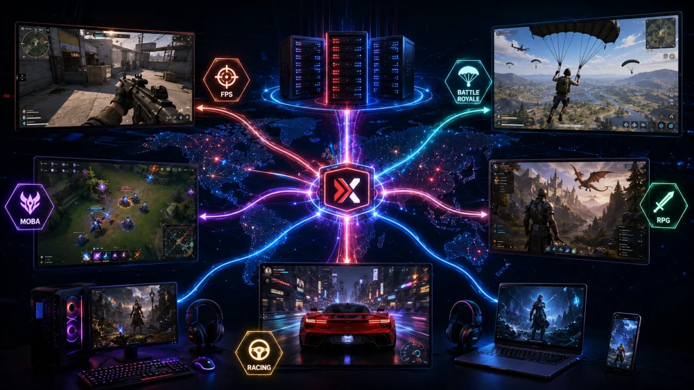 [Imagem: Colagem gamer com diferentes gêneros de jogos online, incluindo FPS, battle royale, MOBA e RPG, conectados a uma mesma rede otimizada]