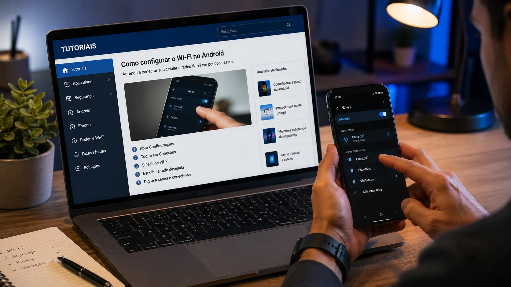 [Imagem: tutorial tecnológico sendo acompanhado em um notebook enquanto o usuário configura um smartphone ao lado]