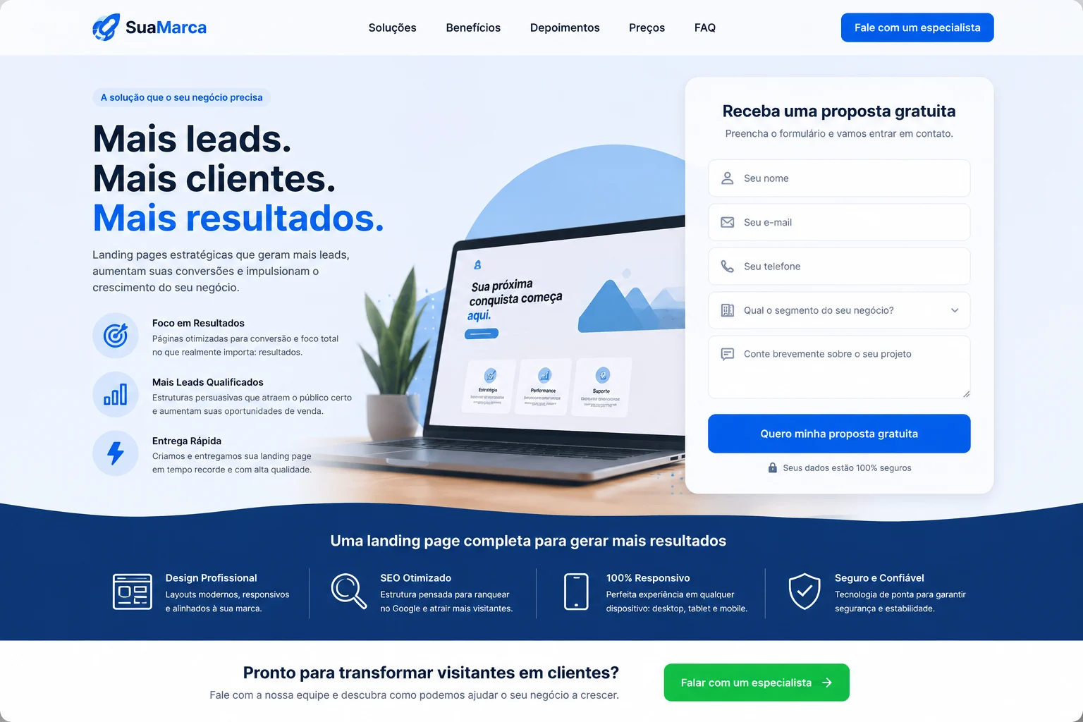 [Imagem: representação visual de uma landing page moderna destacando título, benefícios, formulário e botão de CTA]
