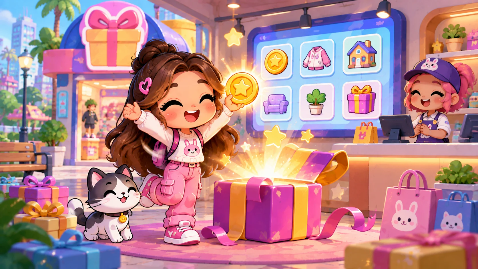 [Imagem: área de presentes e recompensas de Avatar World com personagem recebendo um prêmio]