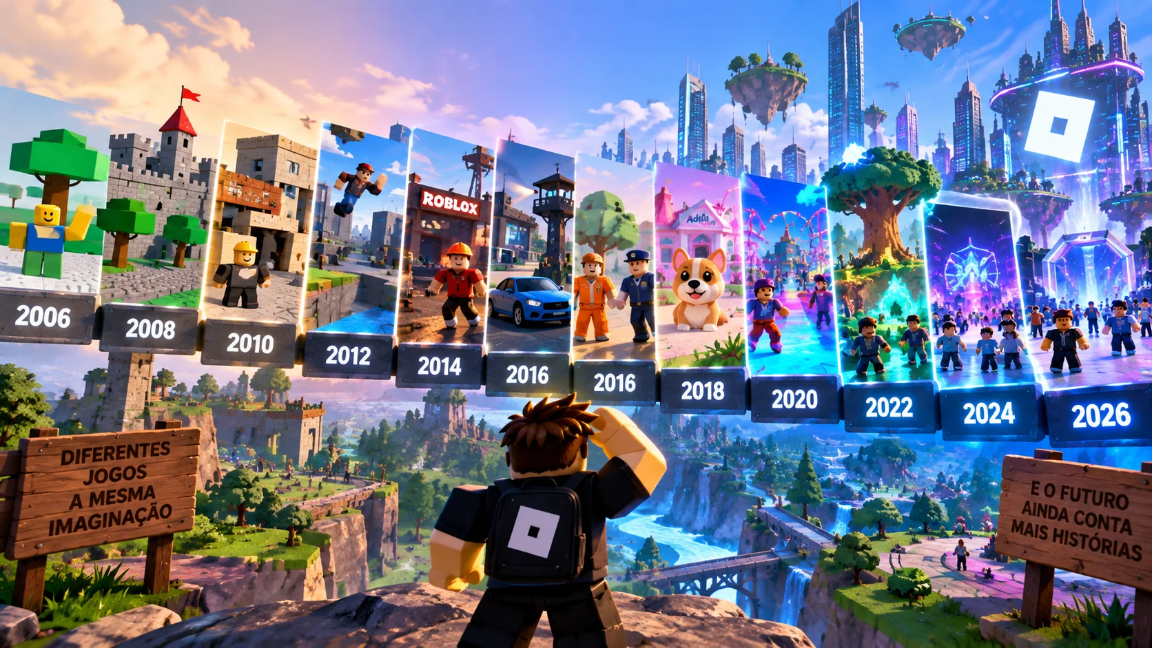 [Imagem: linha do tempo mostrando a evolução visual do Roblox de 2006 até 2026]