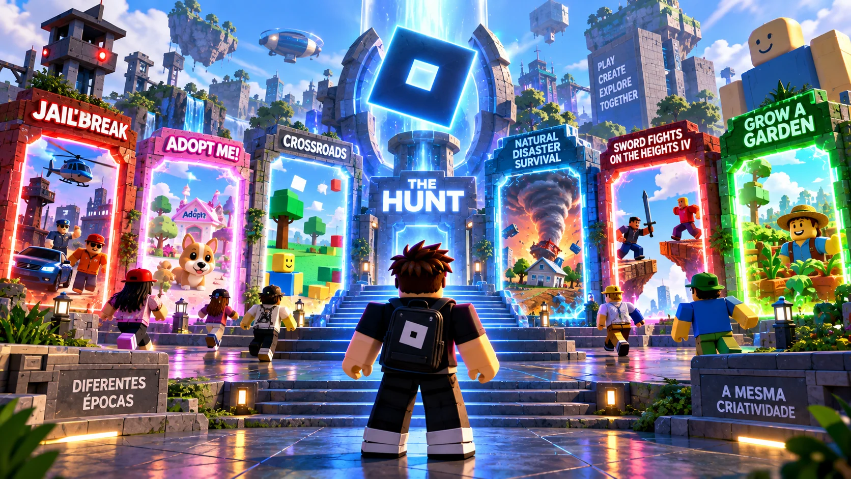 [Imagem: montagem com portais inspirados em jogos clássicos e modernos participantes do The Hunt Roblox 20]