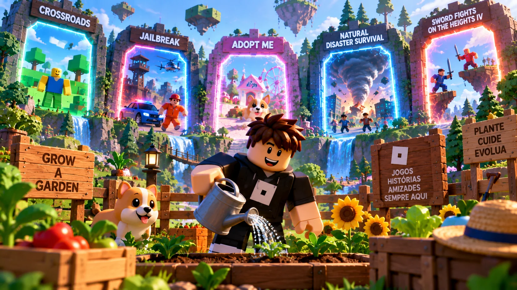 [Imagem: avatar do Roblox cuidando de um jardim enquanto portais de jogos clássicos aparecem ao fundo]