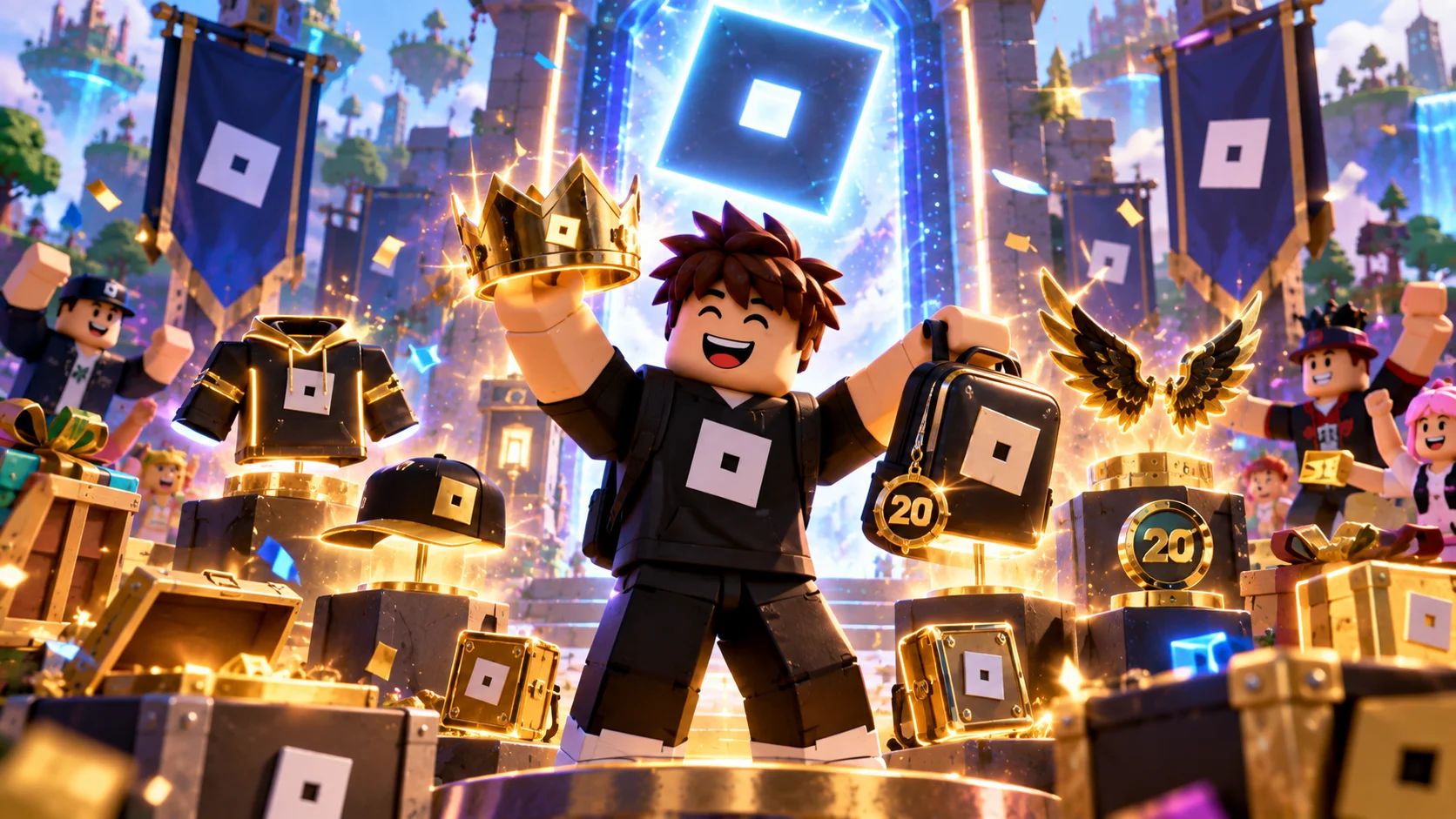 [Imagem: avatar do Roblox exibindo itens comemorativos de aniversário conquistados durante o evento]