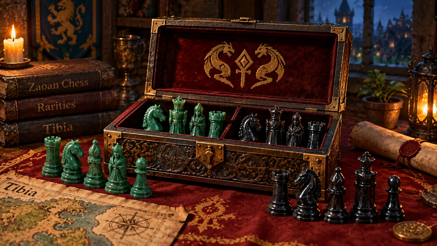 [Imagem: Zaoan Chess Box aberta acompanhada de peças de xadrez de jade e obsidian]