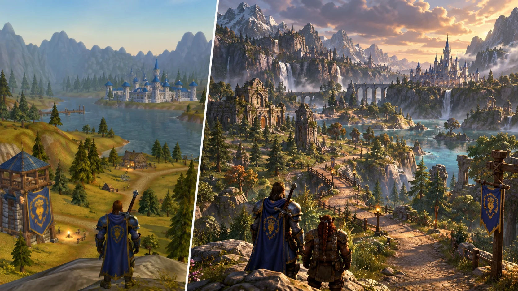 [Imagem: comparação visual entre uma região clássica de Azeroth e sua versão renovada com novos caminhos, ruínas e áreas exploráveis]