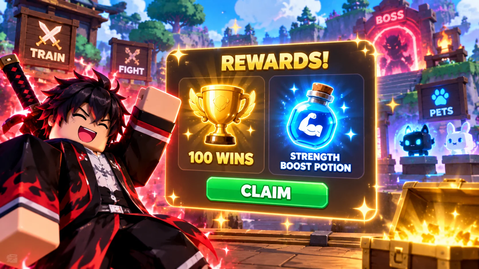 [Imagem: tela inspirada em Anime Sword Master mostrando 100 Wins e uma poção de Strength Boost como recompensas]
