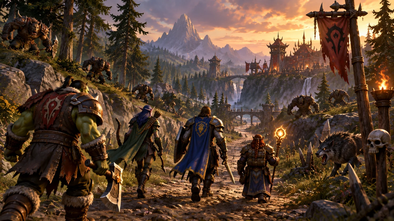 [Imagem: grupo de jogadores atravessando uma estrada perigosa de Azeroth a pé enquanto criaturas aparecem ao redor]