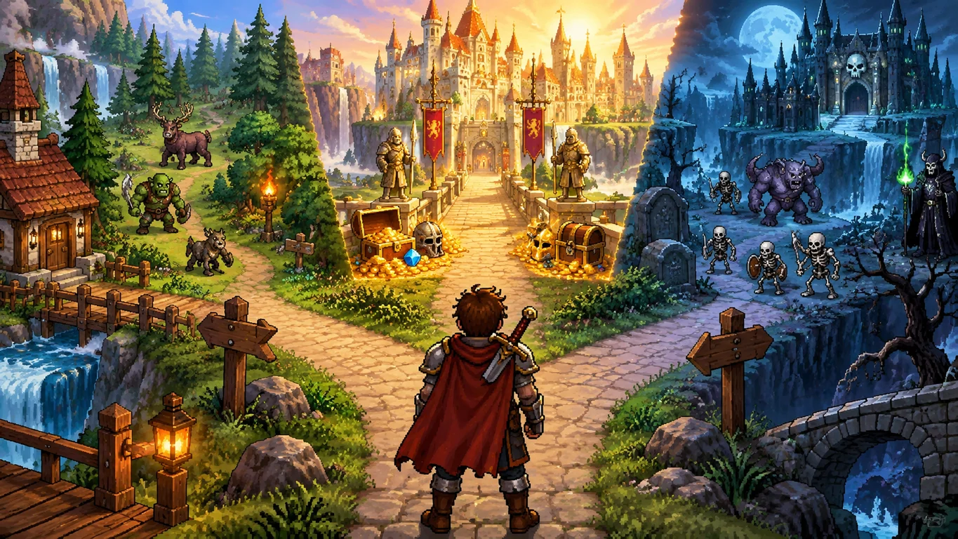 [Imagem: aventureiro inspirado em MMORPG clássico observando três caminhos diferentes representando Huntera, Tibidle e Tibia Idle]