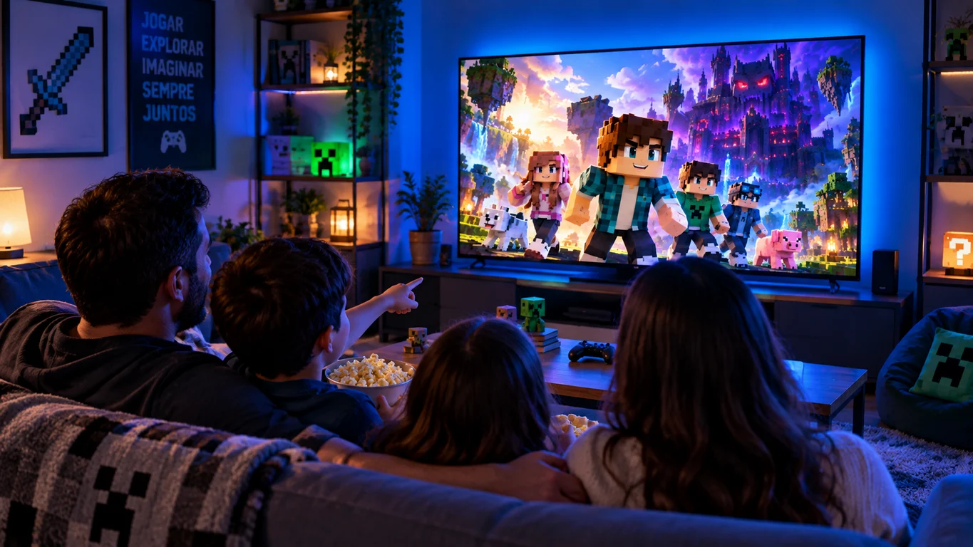 [Imagem: família assistindo a uma aventura animada em uma televisão, com iluminação azul e decoração inspirada em videogames]