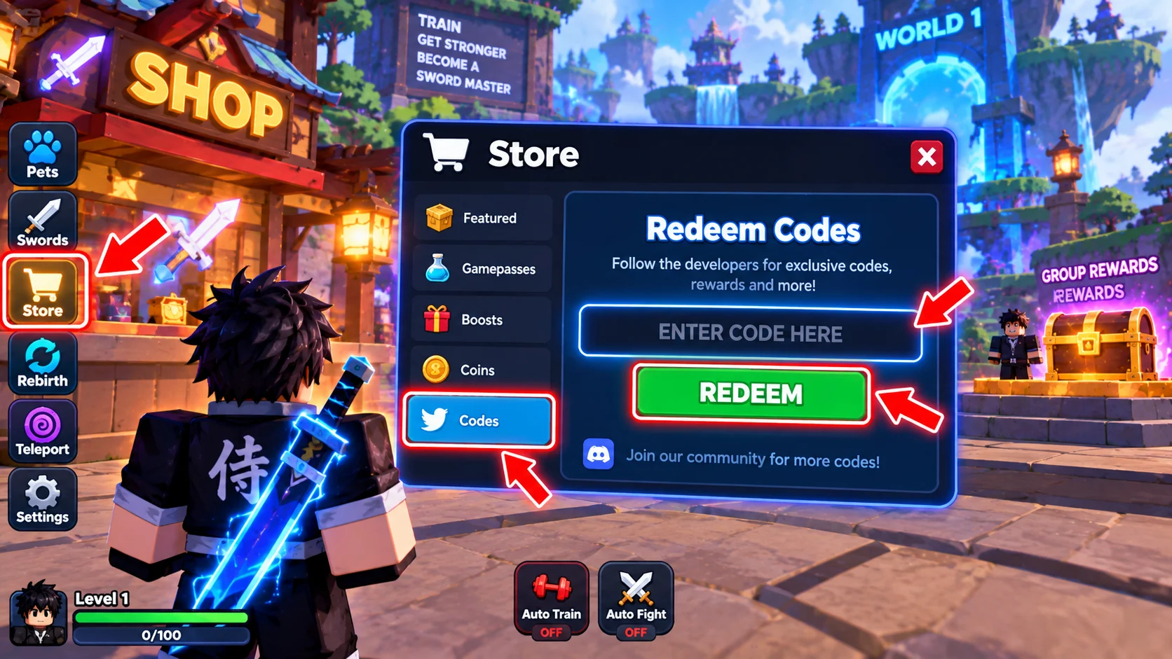 [Imagem: interface de Anime Sword Master destacando o botão Store, a área de códigos e o botão Redeem]