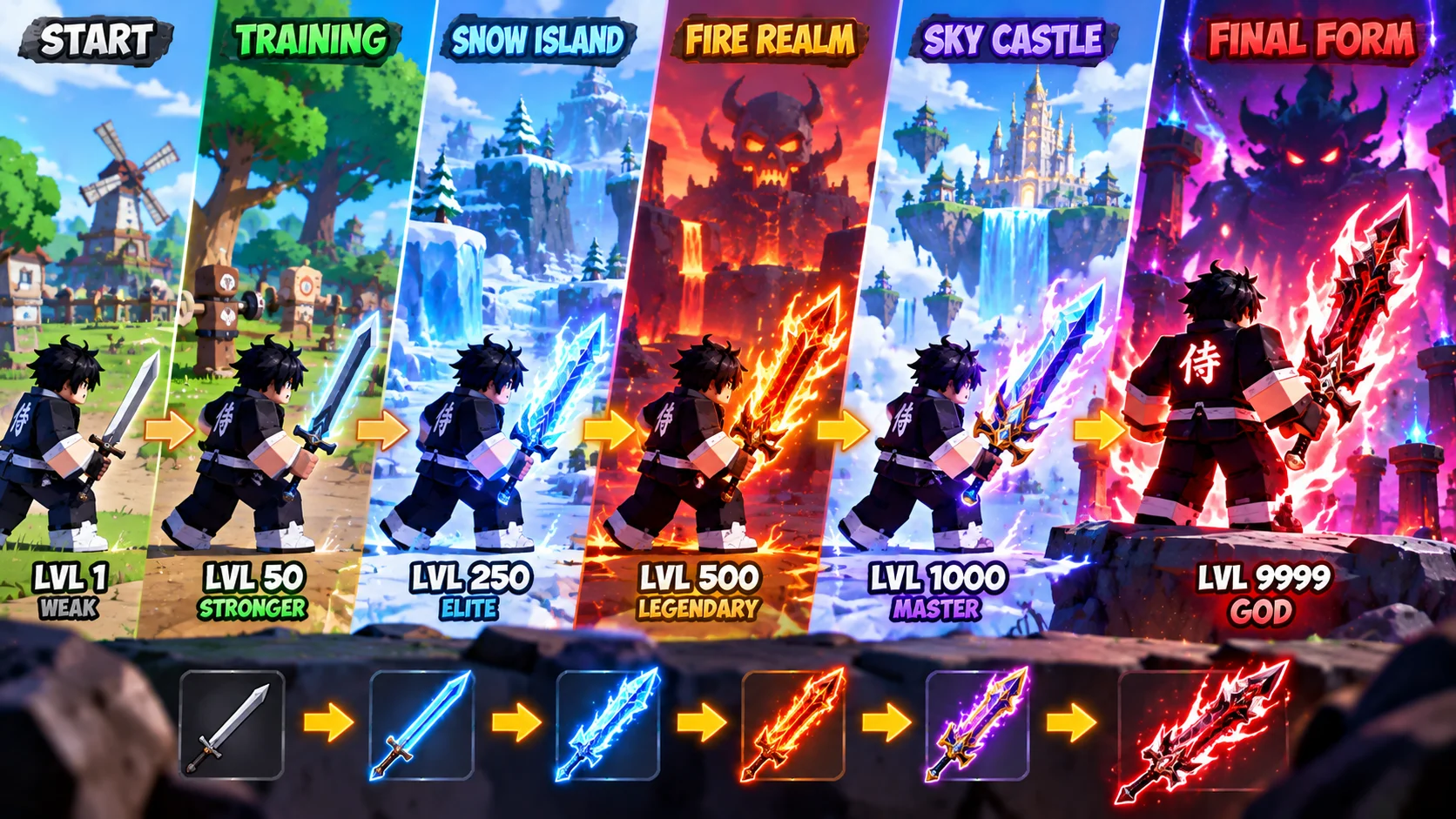 [Imagem: jogador evoluindo de uma espada simples para armas maiores e mais poderosas em diferentes áreas de Anime Sword Master]