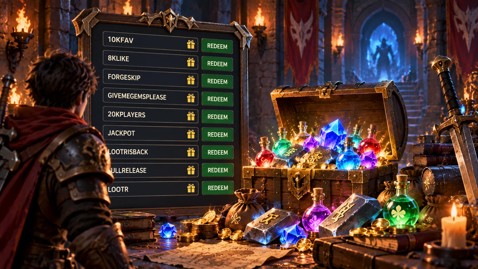 [Imagem: janela de resgate de códigos em um jogo de dungeon com campo para inserir código e botão de confirmação]