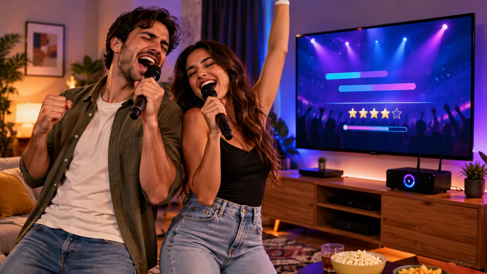 [Imagem: duas pessoas segurando os microfones do Karaoke Party Box e cantando juntas diante de uma televisão]